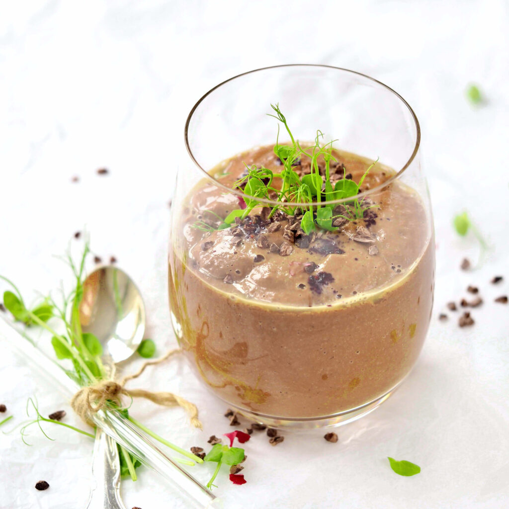 Cocoa smoothie with pea shoots