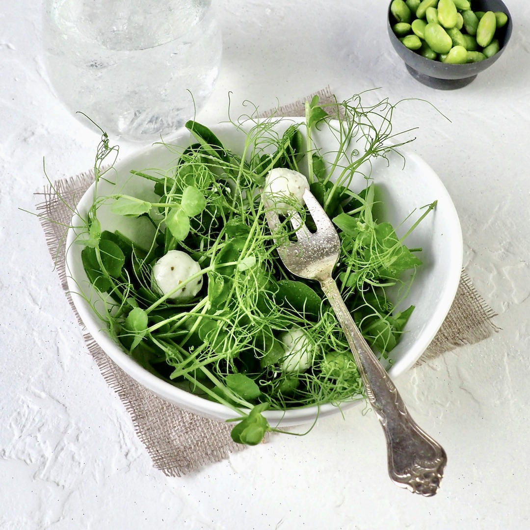Pea shoot salad with fresh mint and feta cheese